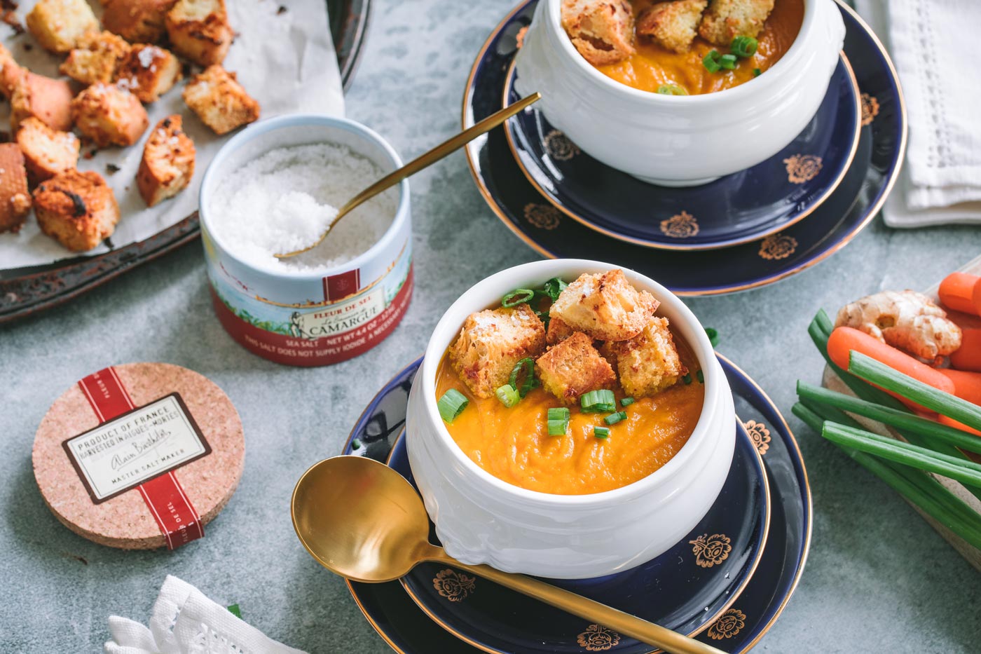 Ginger Carrot Soup with Garlic Croutons Sprinkled with Le Saunier de Camargue Fleur de Sel recipe