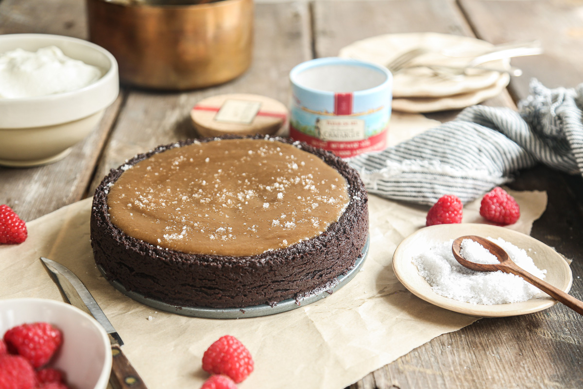 Flourless Chocolate Ganache Cake with Fleur de Sel Caramel Topping recipe