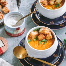 Ginger Carrot Soup with Garlic Croutons Sprinkled with Le Saunier de Camargue Fleur de Sel recipe